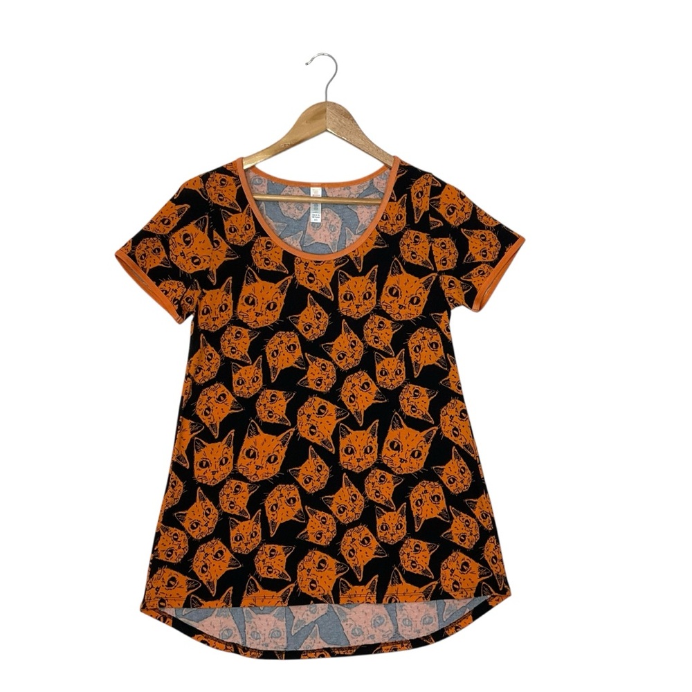 LULAROE sz XX Small Cat Print Short Sleeve Top Orange Black